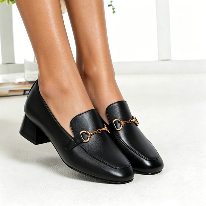 Shoeswoon Soft Square Toe Chain Ornament Office Ladies Mid‑Heel Loafers