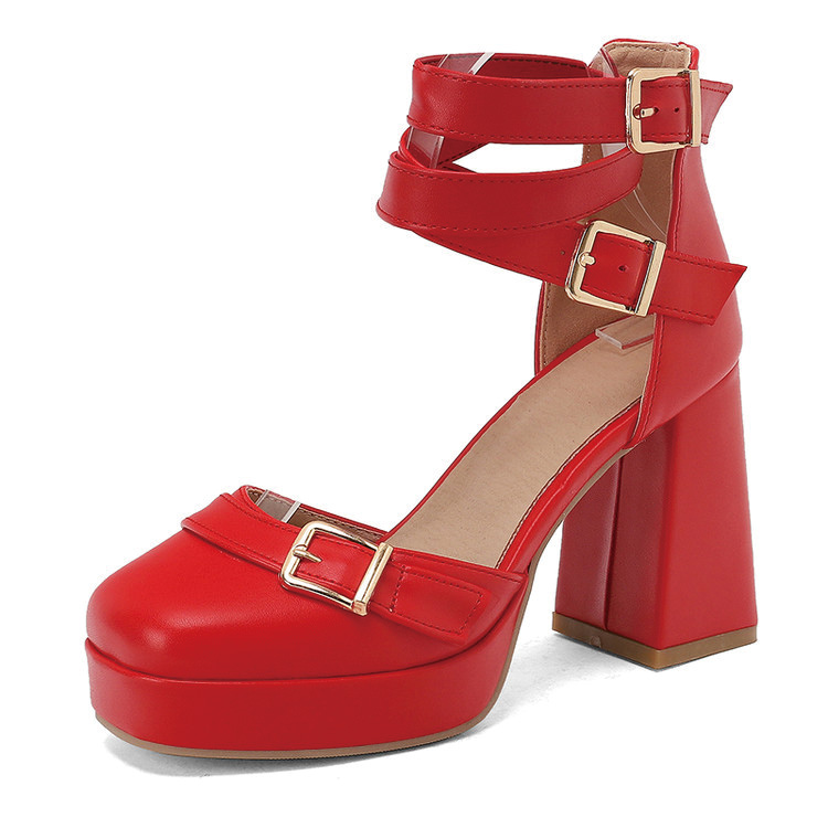 Shoeswoon Square‑Toe Gold‑Buckle Cutout High Block‑Heel Women's Mary Jane Pumps