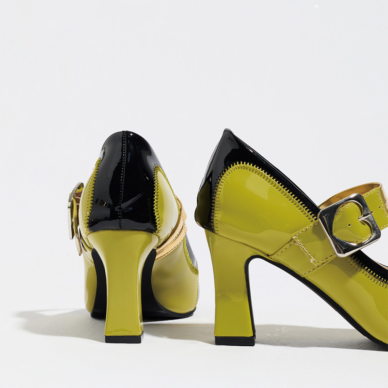 Shoeswoon Color Block Patent Heart Buckle Mary Jane Block Heel Pumps