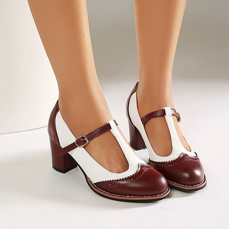 Shoeswoon Round Toe Retro Saddle T‑Bar Mary Janes Mid Block Heel