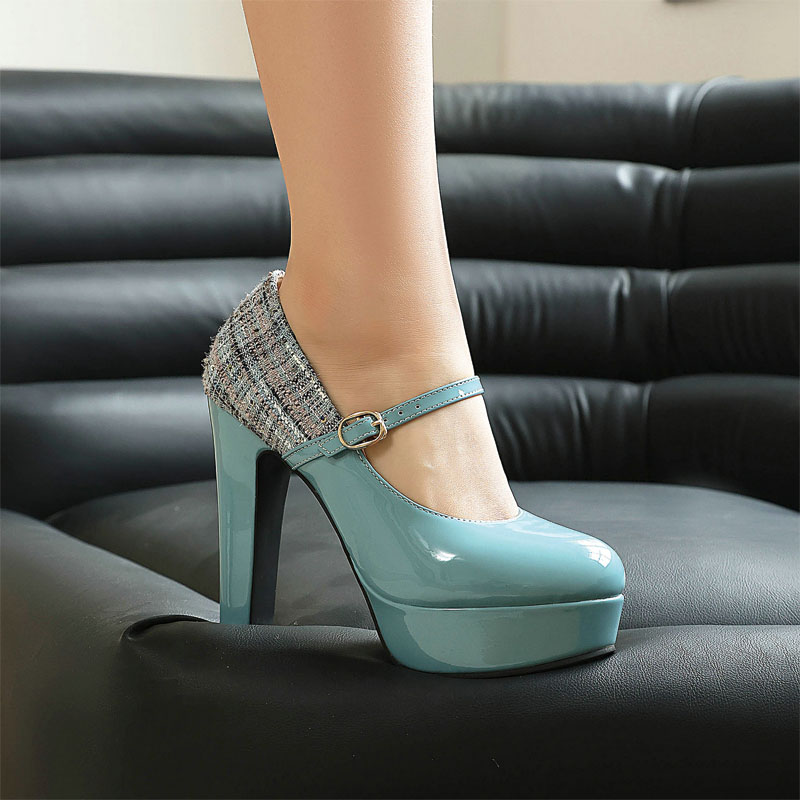 Shoeswoon Round Toe Heart‑Buckle Mary Janes Two‑Tone Platform High Block Heel