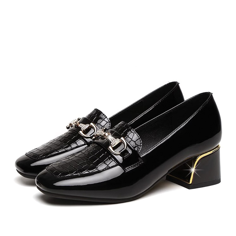 Shoeswoon Elegant Croc Embossed Rhinestone Metal Accent Block Heel Loafers