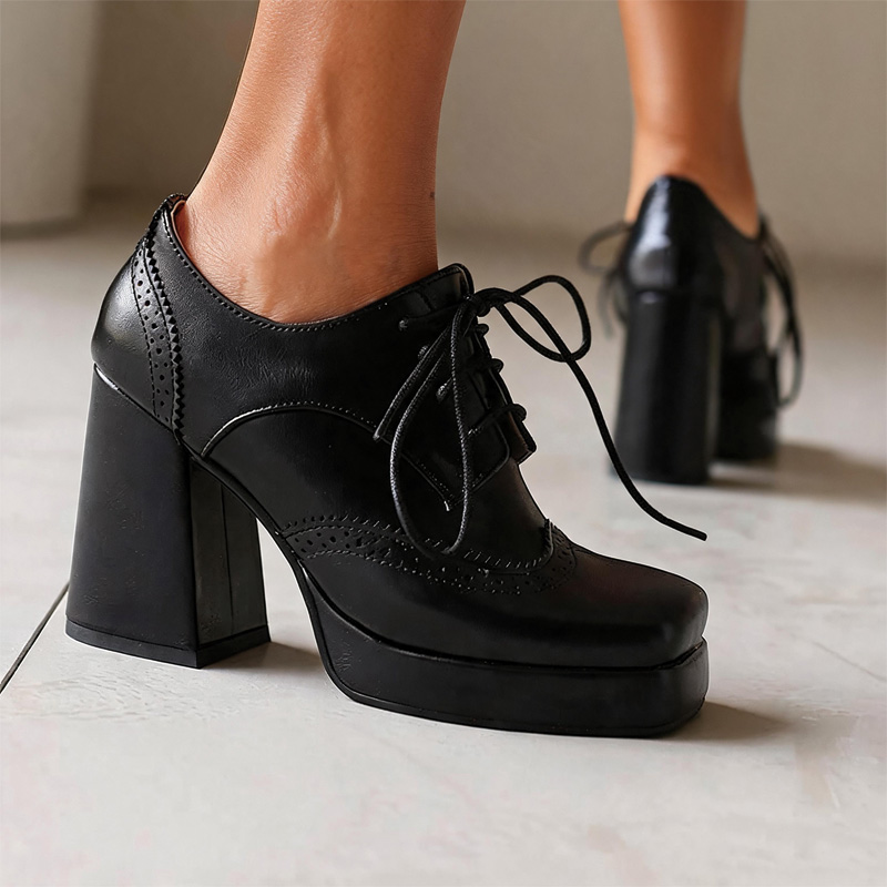 Shoeswoon Spliced Brogue Lace‑Up Platform Chunky Block Heel Oxford Shoes