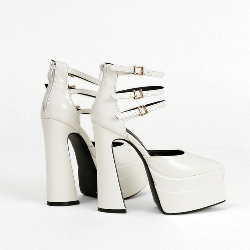 Shoeswoon Patent Triple Ankle Strap Double Platform Block Heel Pumps