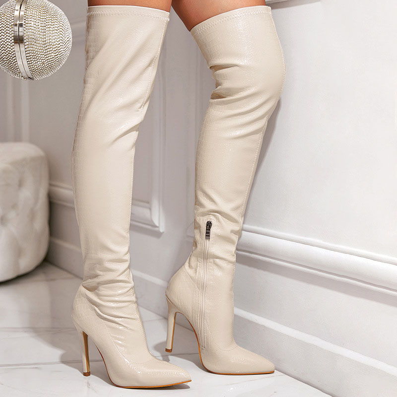 Shoeswoon Glossy Croc Embossed Side Zipper Stiletto Thigh High Boots