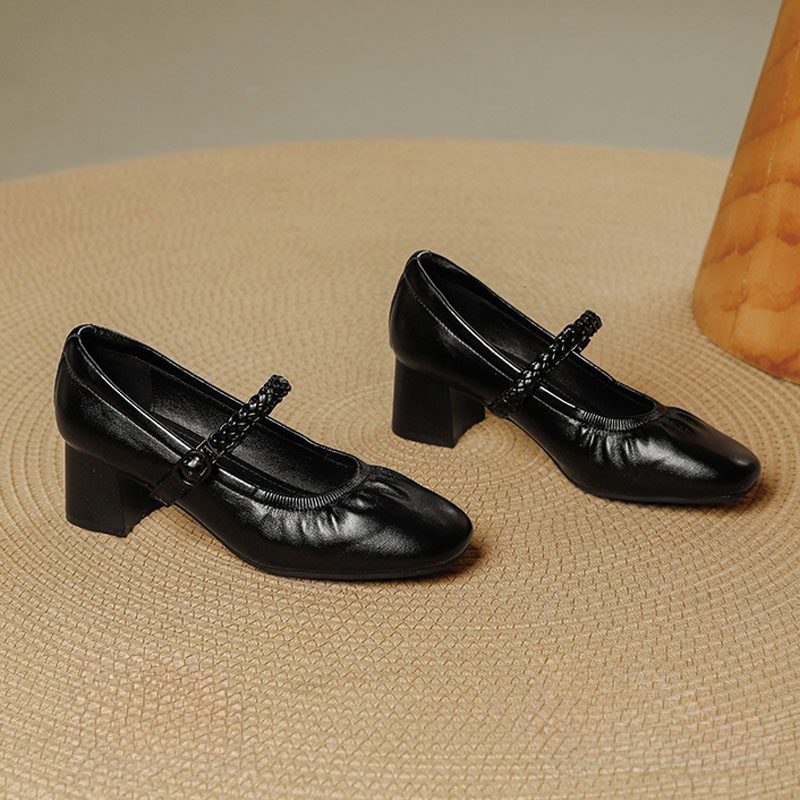Shoeswoon Soft Pleated Upper Mary Janes Braided Buckle Strap Low Block Heel Shoes