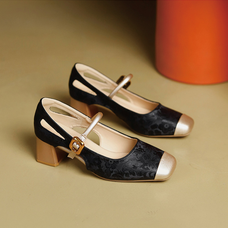 Shoeswoon Square‑Toe Side Cut‑Out Mary Jane Pumps Vintage Jacquard Dress Heels