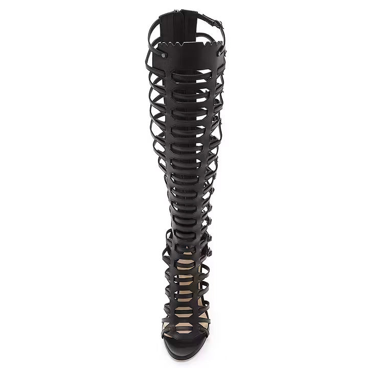 Shoeswoon Black Multi-Strap Knee-High Gladiator Heeled Sandals