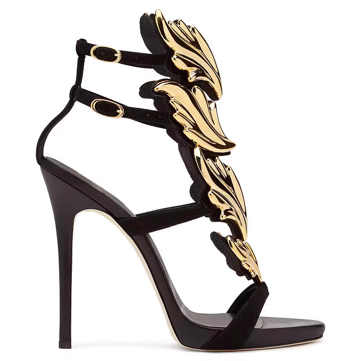 Shoeswoon Black and Gold Evening Shoes Luxury Metallic Heels Stiletto Sandals