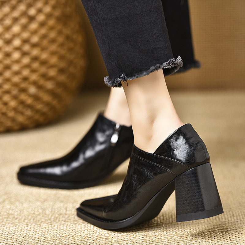 Shoeswoon Cracked Leather Side Zipper Square Toe Chunky Heels
