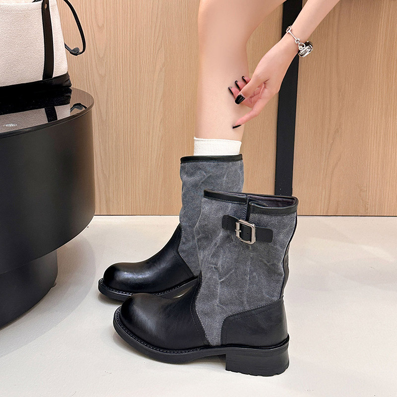 Shoeswoon Patchwork Buckle Mid Calf Boots Round Toe Block Heel