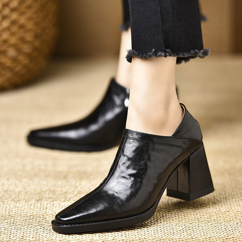 Shoeswoon Cracked Leather Side Zipper Square Toe Chunky Heels