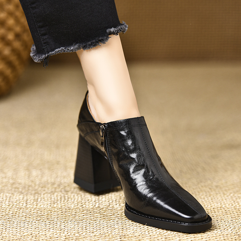 Shoeswoon Cracked Leather Side Zipper Square Toe Chunky Heels