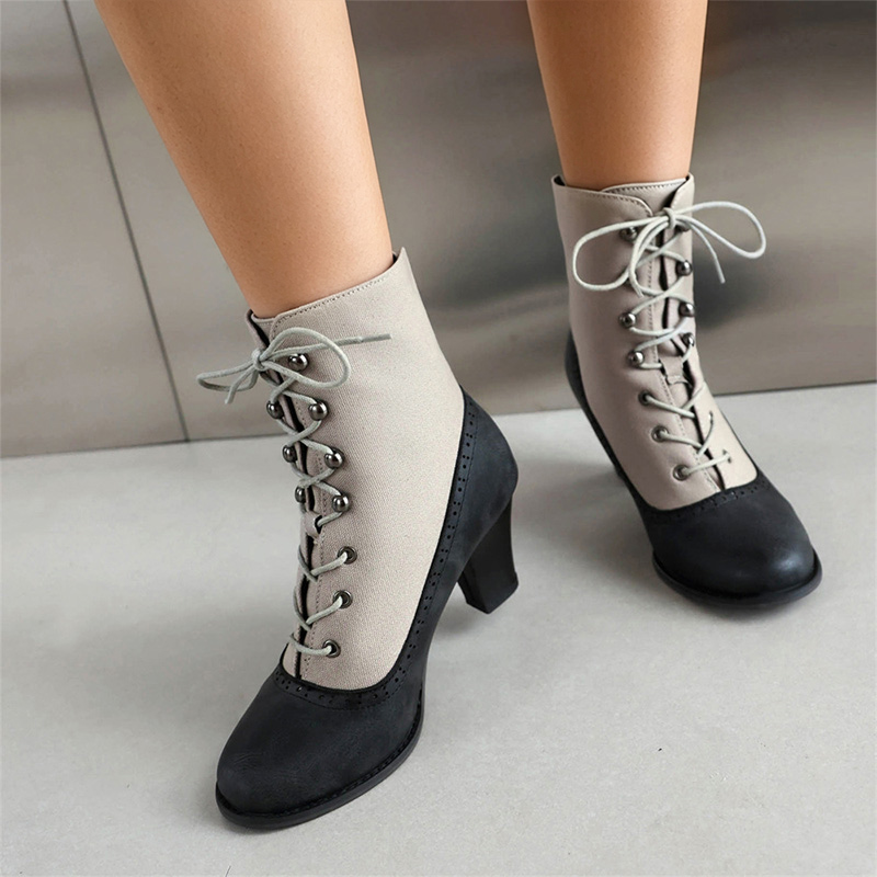 Shoeswoon Retro Panel Lace Up Ankle Heel Boots