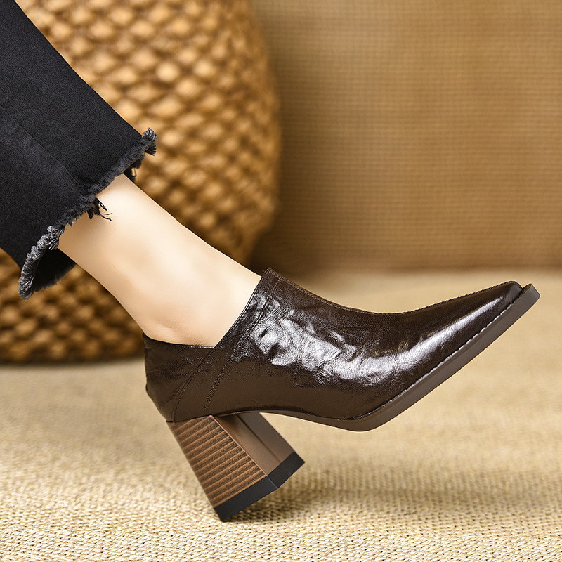 Shoeswoon Cracked Leather Side Zipper Square Toe Chunky Heels