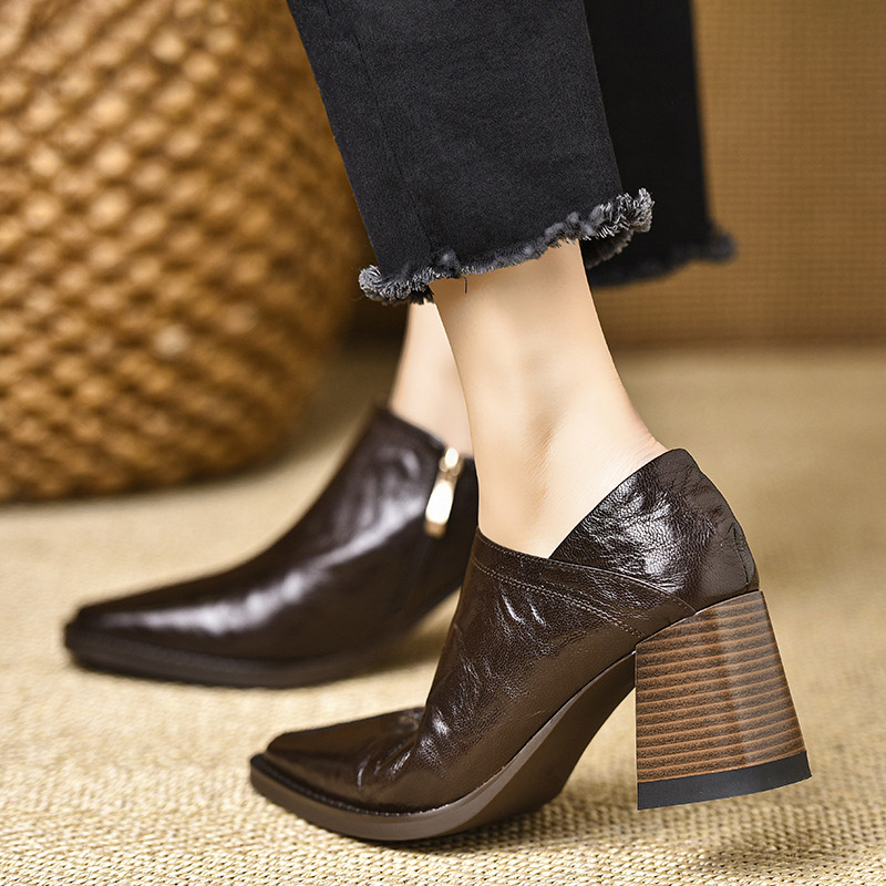 Shoeswoon Cracked Leather Side Zipper Square Toe Chunky Heels