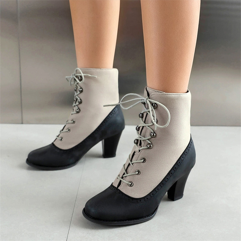Shoeswoon Retro Panel Lace Up Ankle Heel Boots