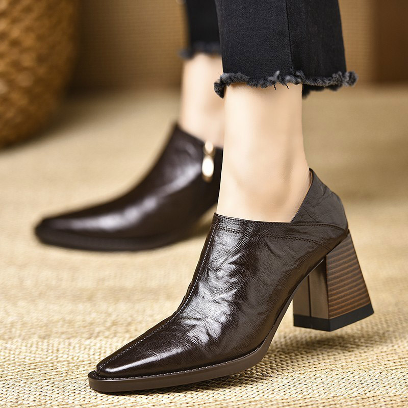 Shoeswoon Cracked Leather Side Zipper Square Toe Chunky Heels