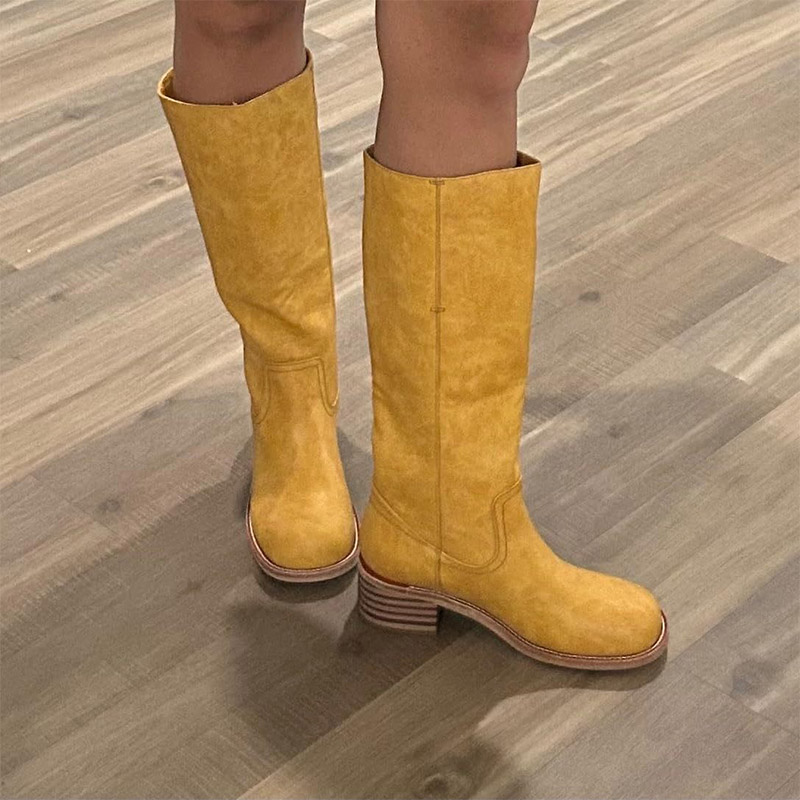 Shoeswoon Round Toe Stacked Heel Knee High Riding Boots