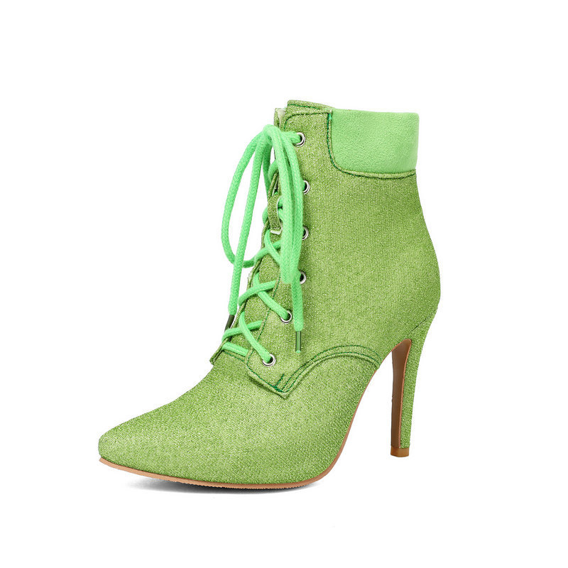 Shoeswoon Glitter Lace Up Pointed Toe Stiletto Ankle Boots