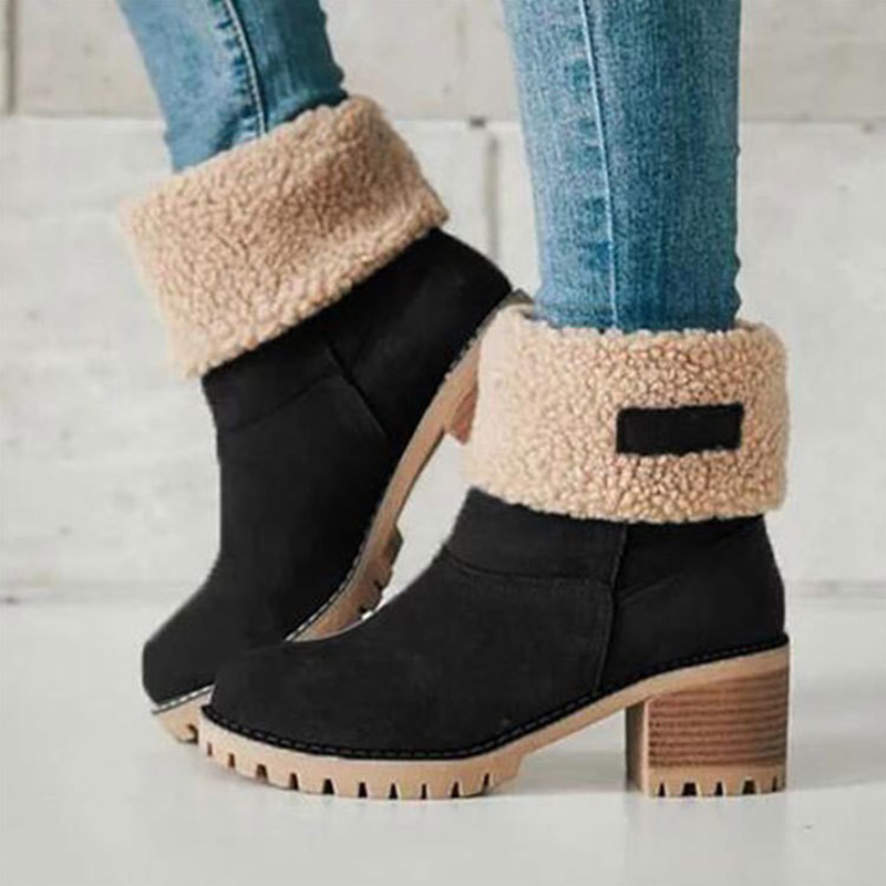 Shoeswoon Fleece Cuff Round Toe Block Heel Ankle Boots