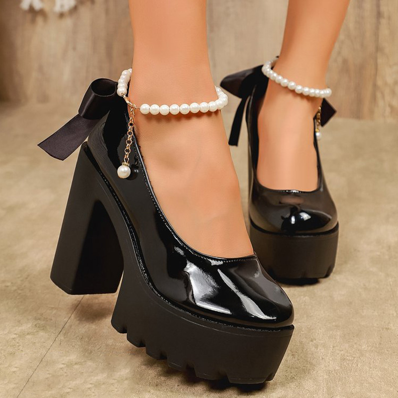 Shoeswoon Round Toe Pearl Ankle Strap Platform Chunky Heels