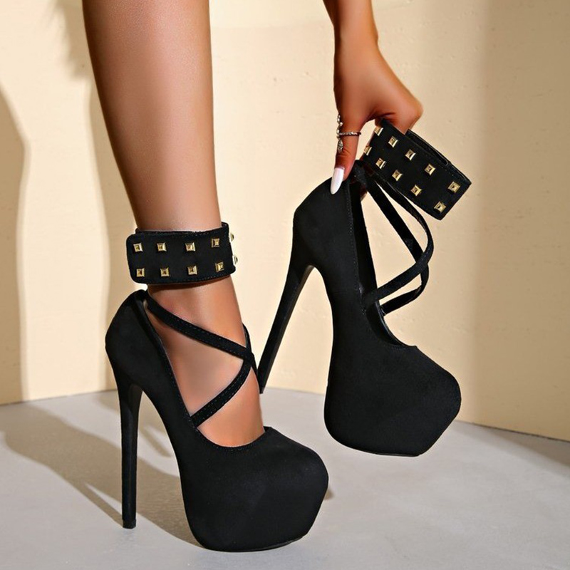 Shoeswoon Platform Crisscross Strap Studded Ankle Cuff Stiletto Heels