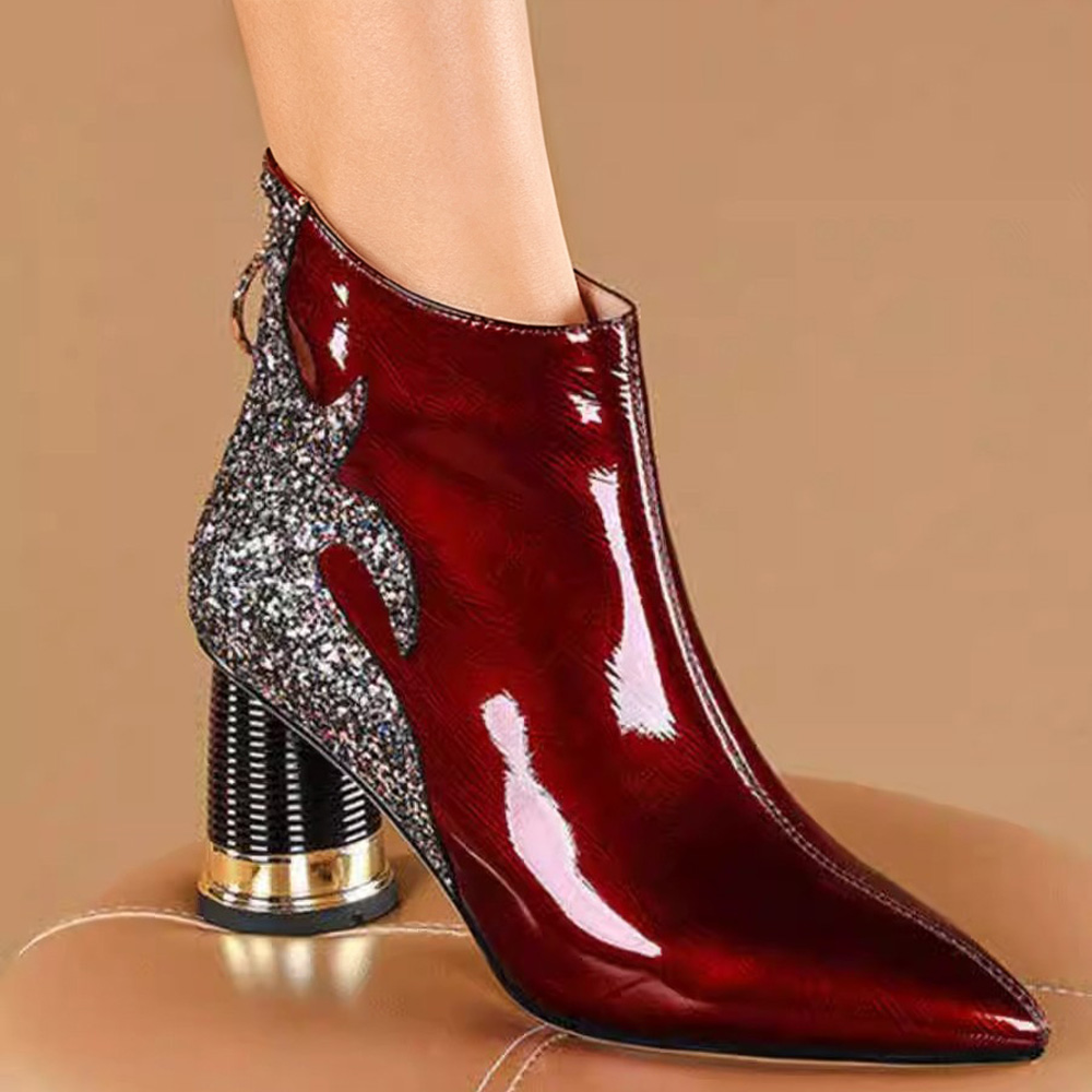 Shoeswoon Glitter Spliced Pointed Toe Block Heel Ankle Boots
