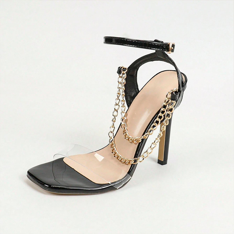 Shoeswoon Square Toe Chain Ankle Strap Stiletto Sandals