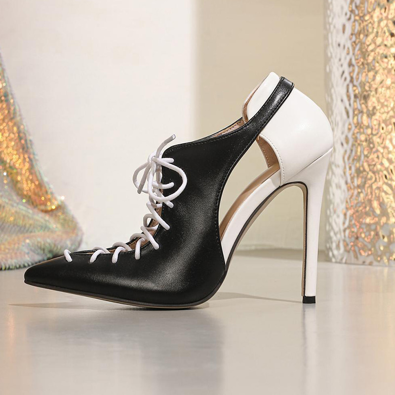 Shoeswoon Two Tone Pointed Toe Lace Up Cutout Stiletto Heels