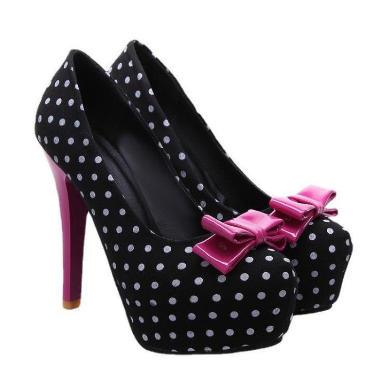 Shoeswoon Polka Dot Round Toe Platform Stiletto Pumps