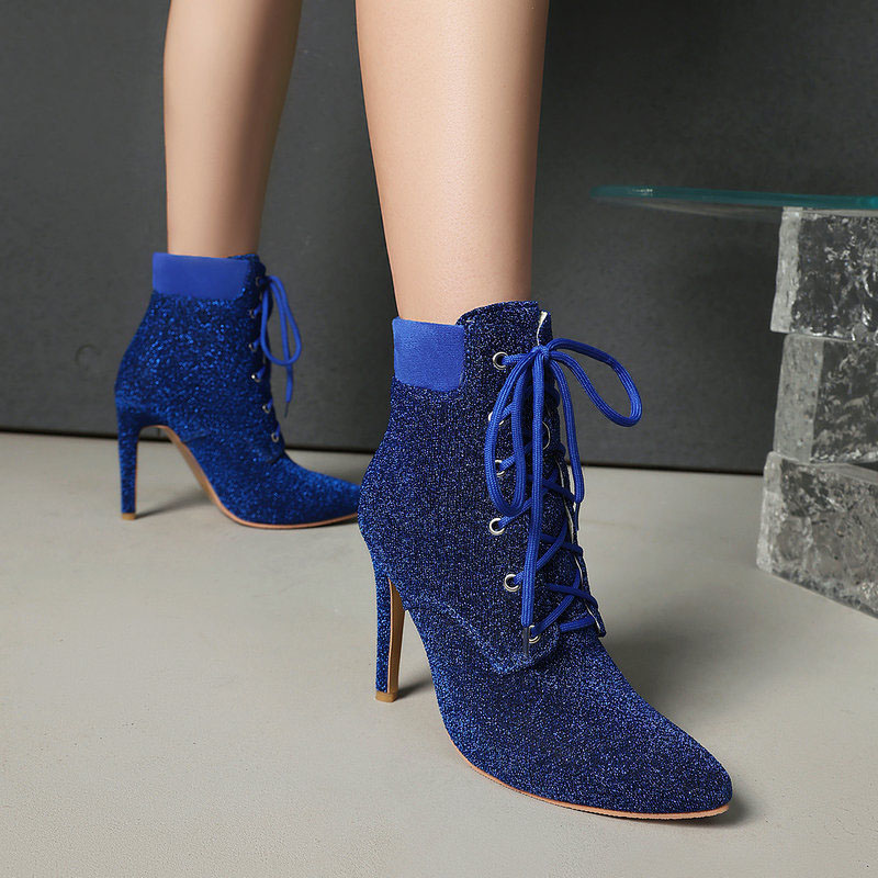 Shoeswoon Glitter Lace Up Pointed Toe Stiletto Ankle Boots