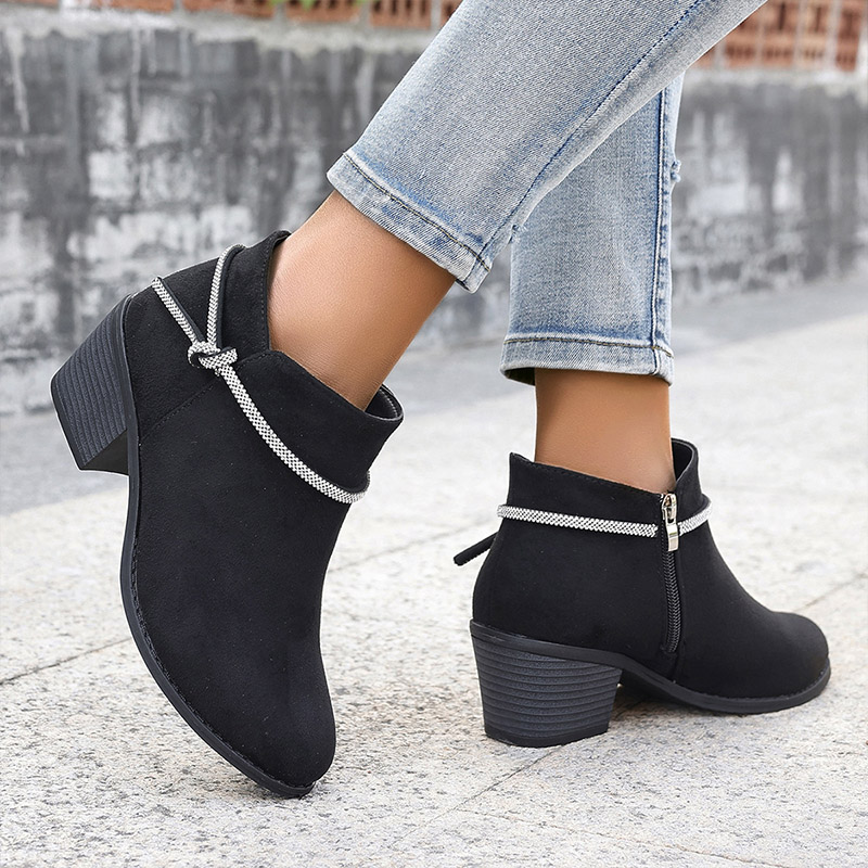 Shoeswoon Rhinestone Strap Ankle Boots Round Toe Block Heel