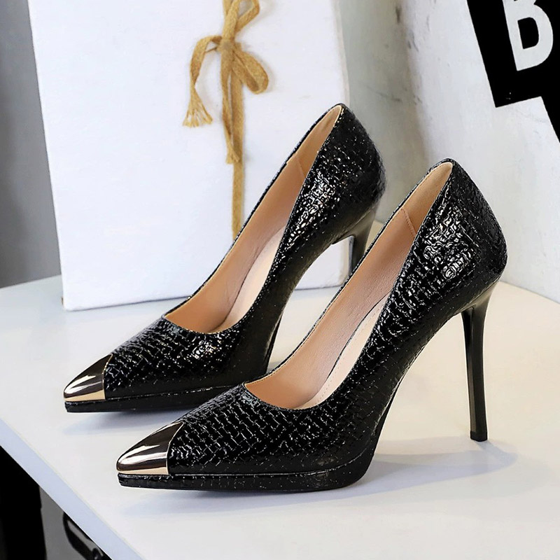 Shoeswoon Croc Textured Platform Pumps Metal Toe Cap Slim Stiletto Heel