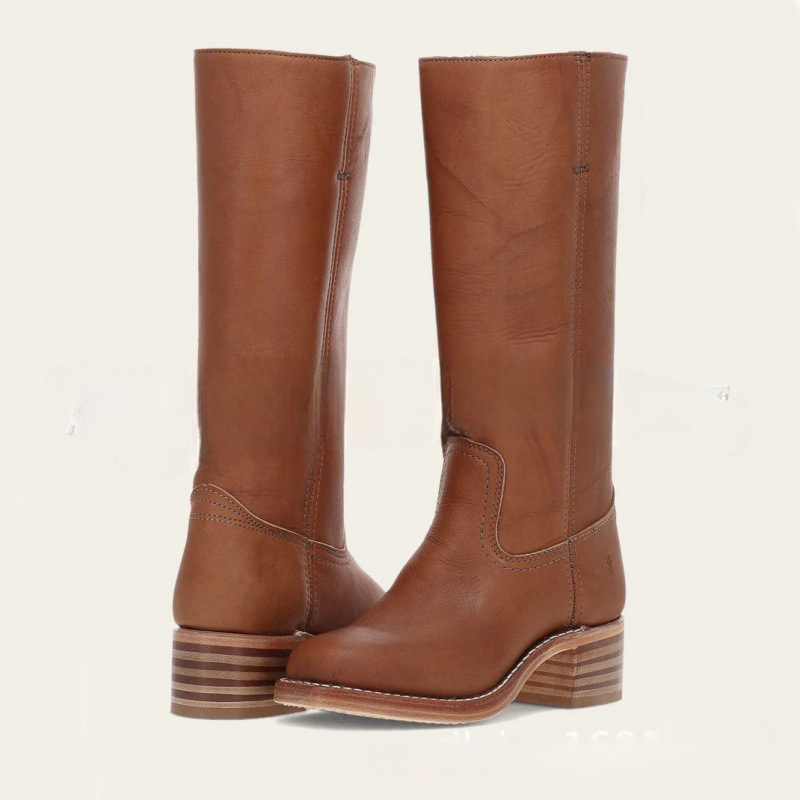 Shoeswoon Round Toe Stacked Heel Knee High Riding Boots