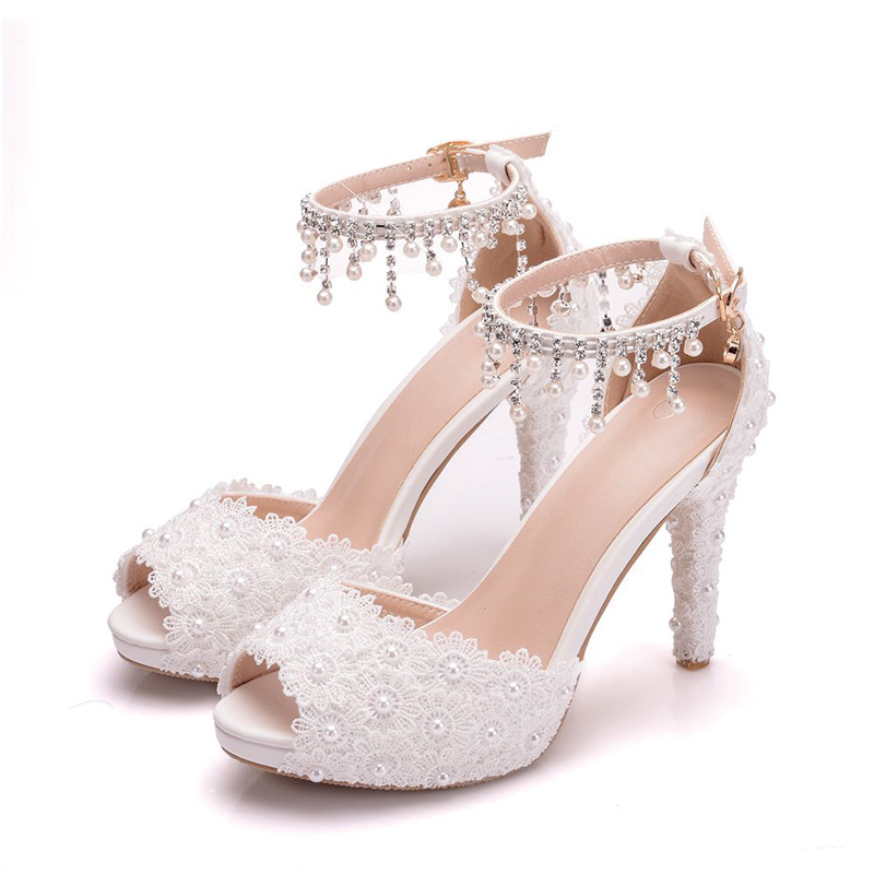 Shoeswoon Floral Lace Dangle Pearl Tassel Ankle Bracelet Platform Bridal Stiletto Heels