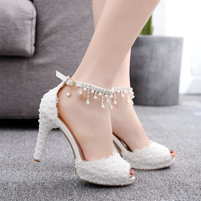 Shoeswoon Floral Lace Dangle Pearl Tassel Ankle Bracelet Platform Bridal Stiletto Heels