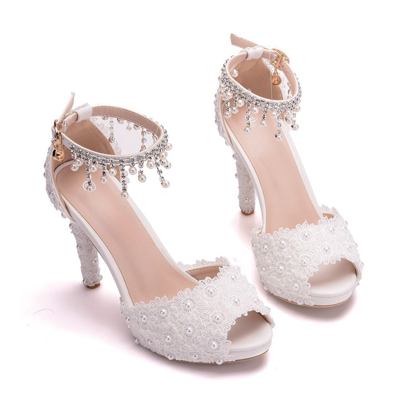 Shoeswoon Floral Lace Dangle Pearl Tassel Ankle Bracelet Platform Bridal Stiletto Heels