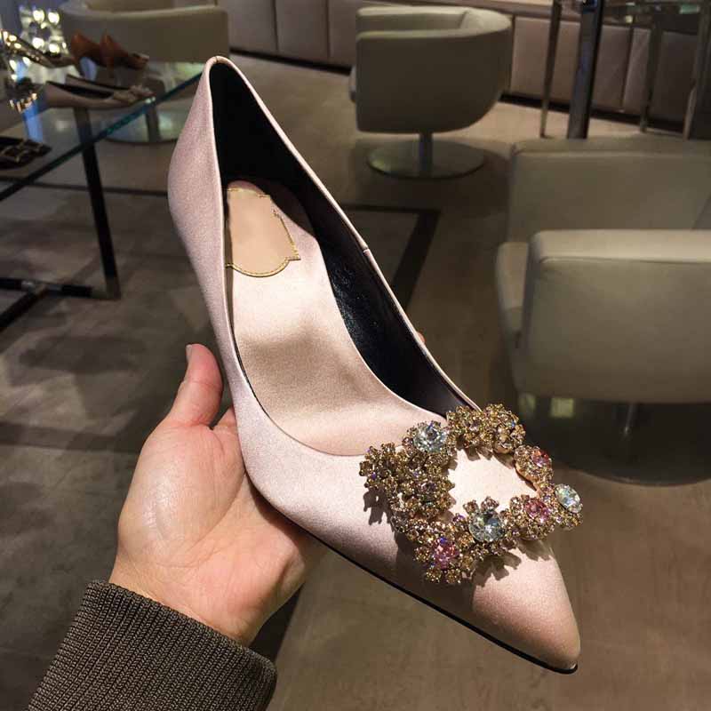Shoeswoon Satin Pointed Toe Square Crystal Buckle Bridal High Heels