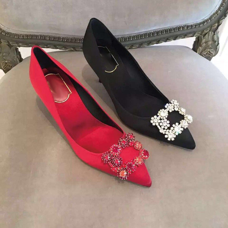 Shoeswoon Satin Pointed Toe Square Crystal Buckle Bridal High Heels