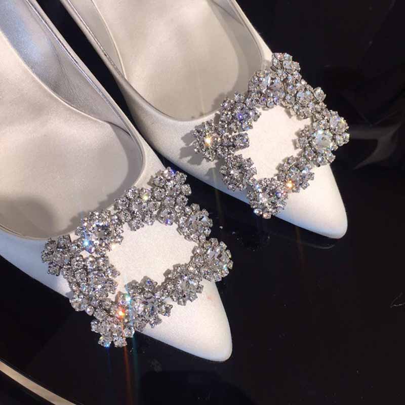 Shoeswoon Satin Pointed Toe Square Crystal Buckle Bridal High Heels