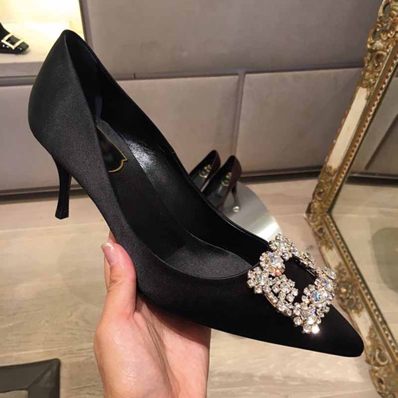 Shoeswoon Satin Pointed Toe Square Crystal Buckle Bridal High Heels