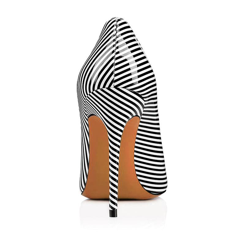 Shoeswoon Black White Striped Patent Pointed Toe Stiletto Pumps