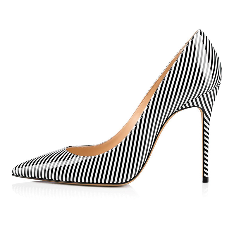 Shoeswoon Black White Striped Patent Pointed Toe Stiletto Pumps
