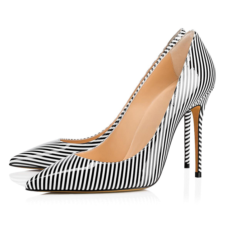 Shoeswoon Black White Striped Patent Pointed Toe Stiletto Pumps