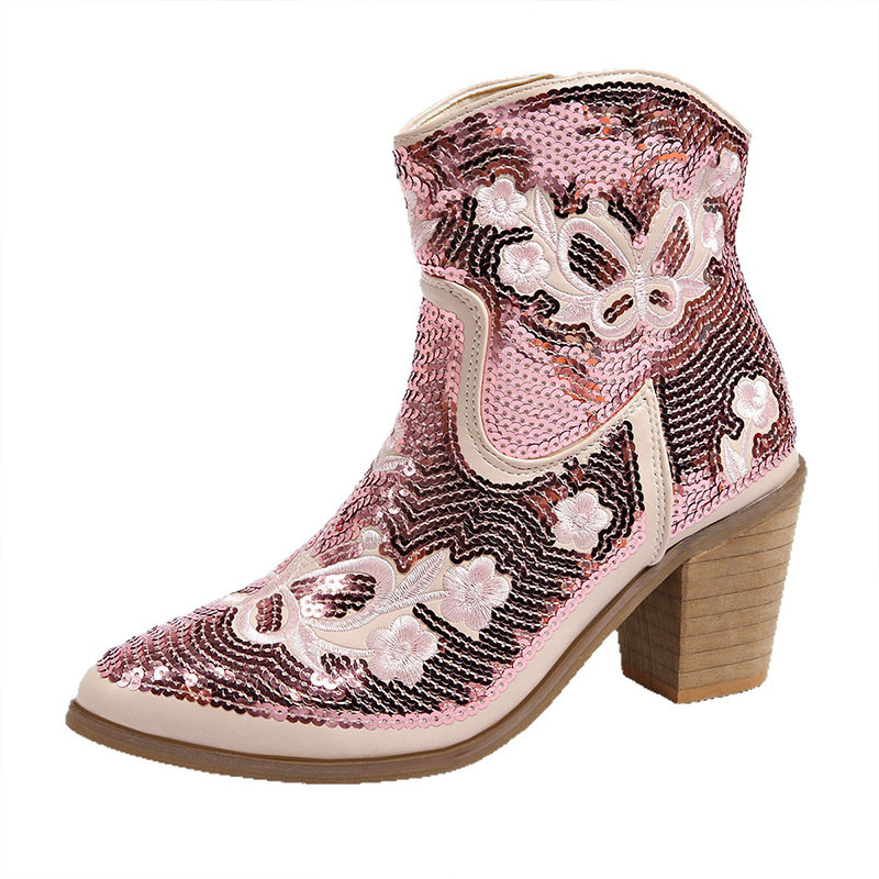 Shoeswoon Sequins Floral Embroidery Ankle Cowboy Boots