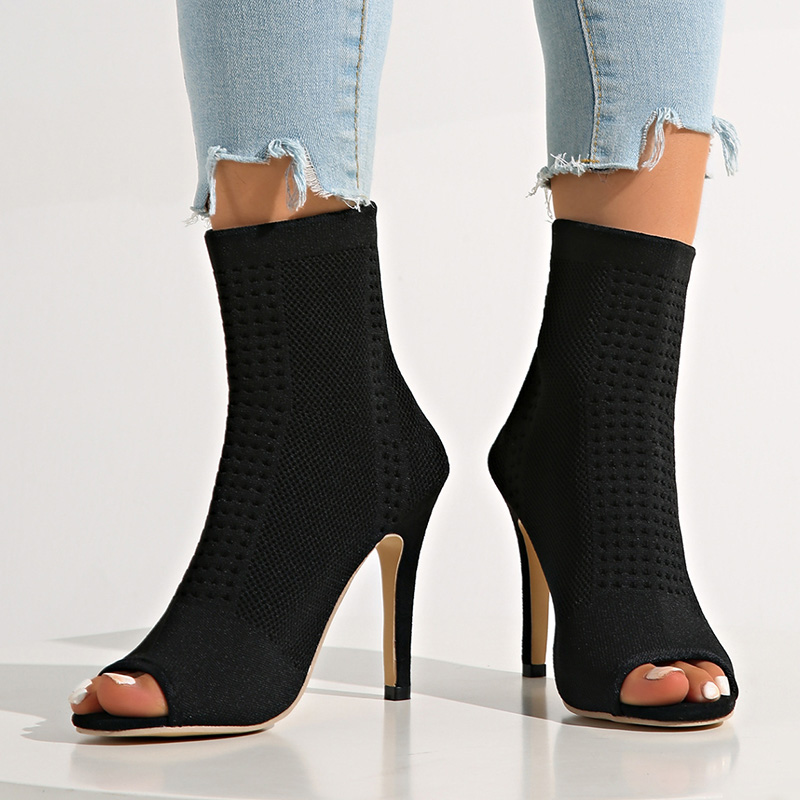 Shoeswoon Peep Toe Knit Sock Stiletto Ankle Boots