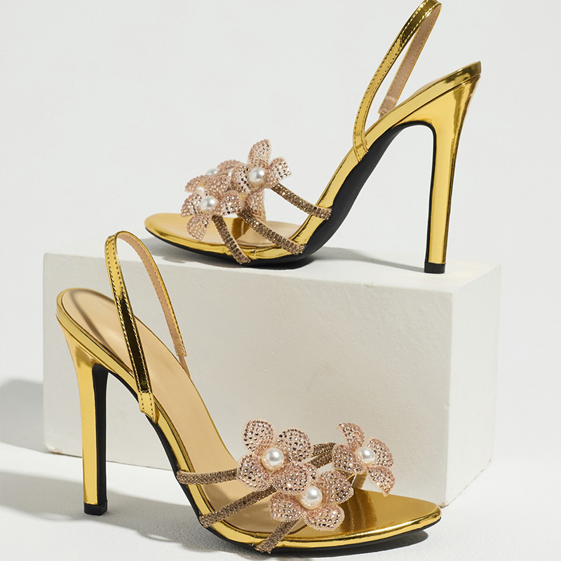 Shoeswoon Rhinestone Floral Pearl Slingback Stiletto Sandals