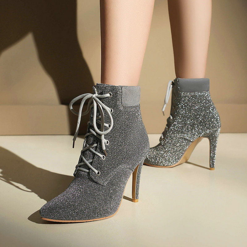 Shoeswoon Glitter Lace Up Pointed Toe Stiletto Ankle Boots