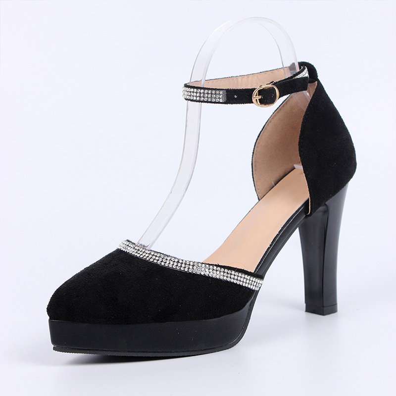 Shoeswoon Pointed Toe Platform Rhinestone Ankle Strap Block Heels